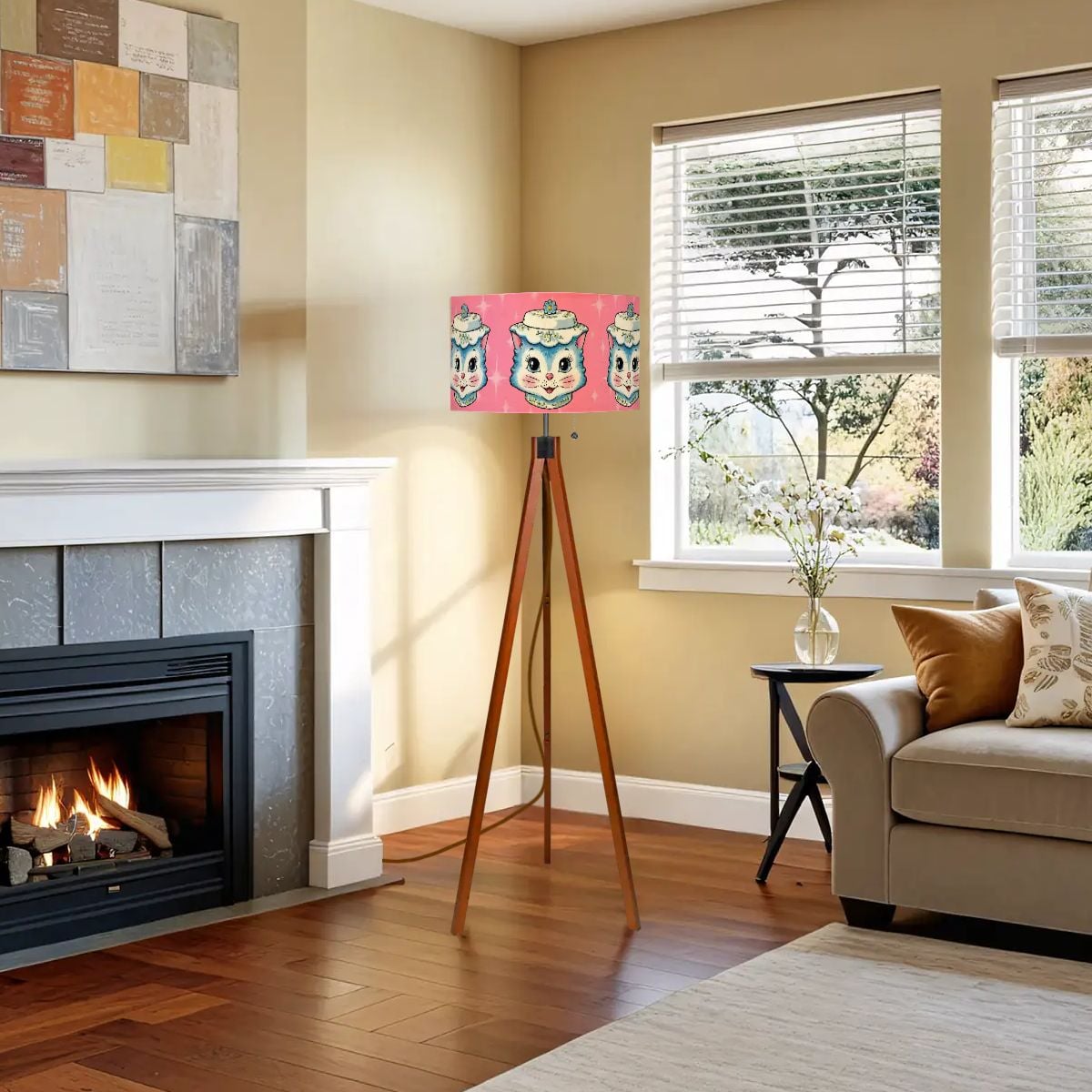 Mid Century Modern Kitschy Anthropomorphic Blue Cat with Floral Hat Tripod Floor Lamp