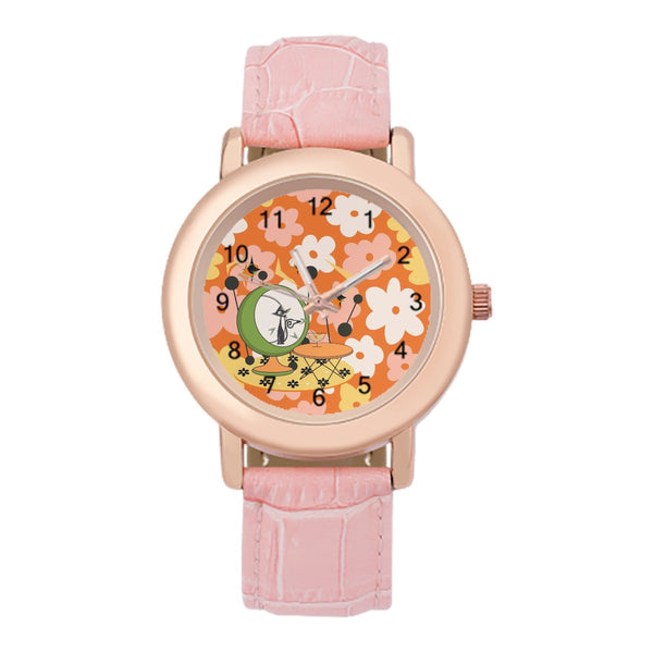 Groovy Retro Floral Orange, Pink Mid Mod Atomic Cat Women's Leather Watch