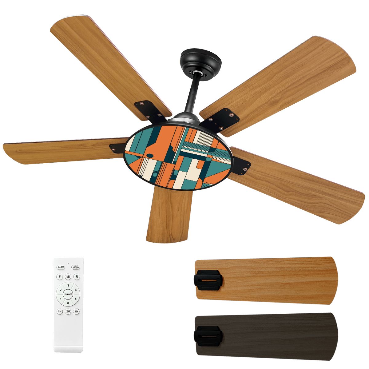 Mid Mod Retro Ceiling Fan With Light, Teal, Orange Groovy Mod Ceiling Fan - Mid Century Modern Gal