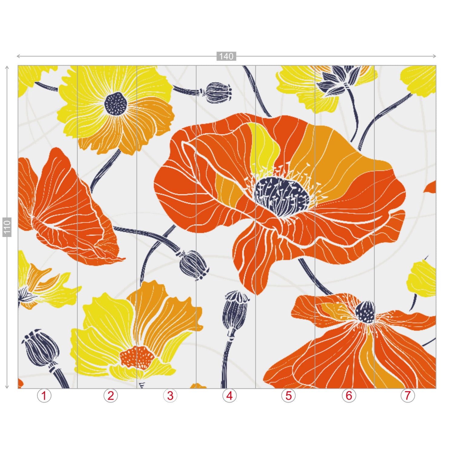 Vintage Poppy Orange Yellow Retro Florals, Mid Century Modern Wall Murals - Mid Century Modern Gal