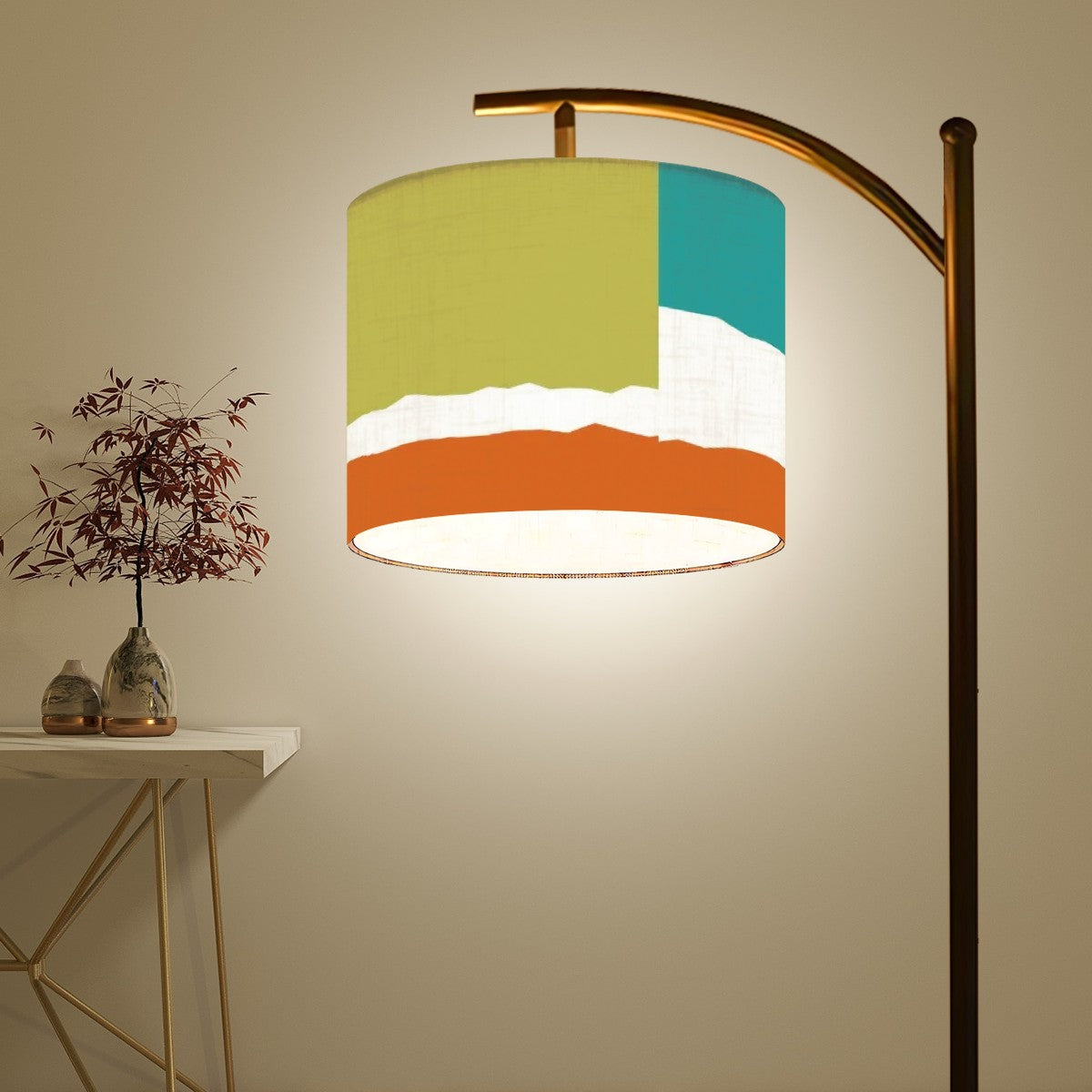 Mid Century Modern Patchwork Green, Teal, Orange MCM Arc Floor Lamp - Mid Century Modern Gal