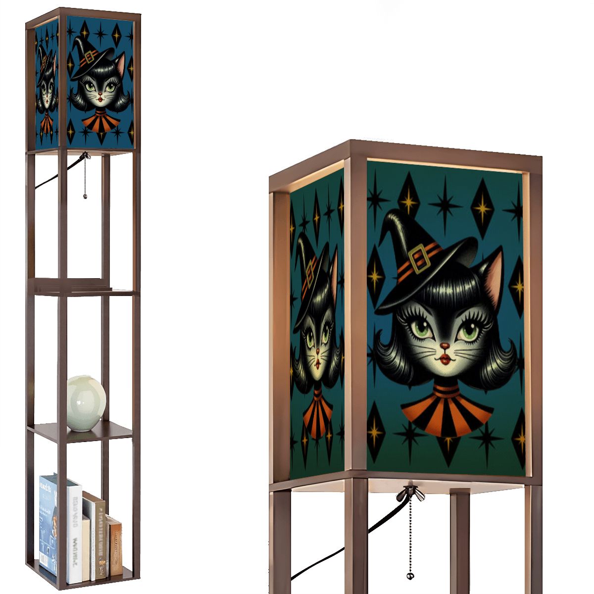 Vintage Halloween Black Cat Sexy Sexton Mid Century Modern Blue Floor Lamp with Shelves - Mid Century Modern Gal