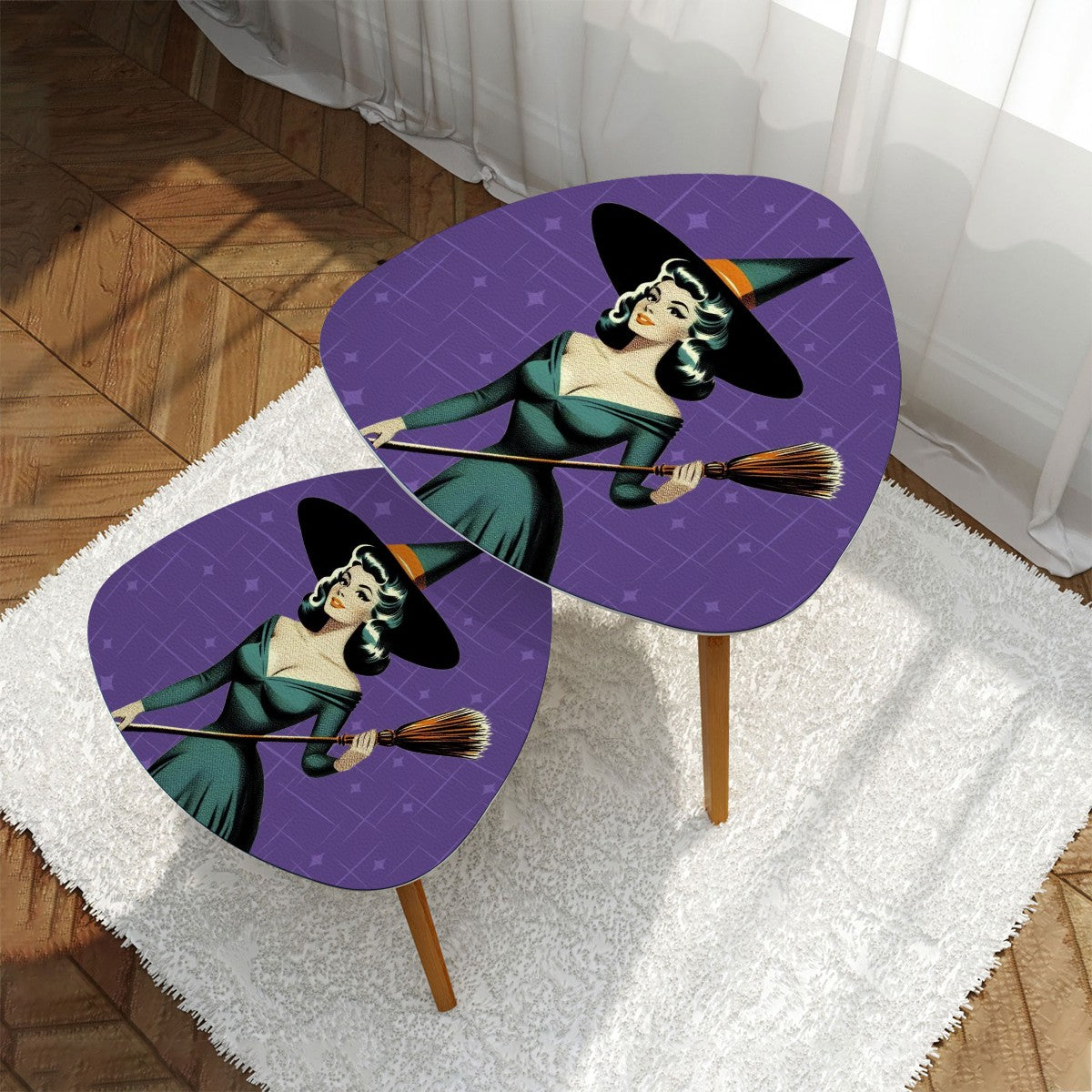 Mid Century Modern Vintage Pin Up Witch Purple Teal Halloween Nesting Tables - Mid Century Modern Gal