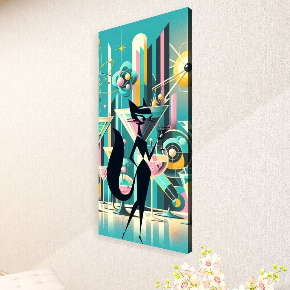 Atomic Cat Mid Century Modern Wall Art, Sexy Sexton Martini Barware Mod Wall Art - Mid Century Modern Gal