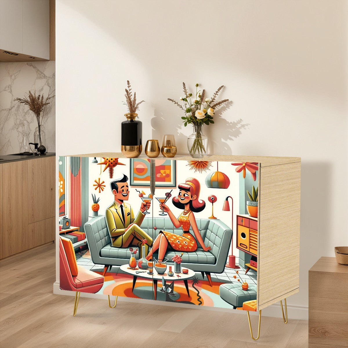 Mid Century Modern Bar Cabinet, Kitschy Mod Sideboard Wooden Storage Cabinet With Mod Couple - Mid Century Modern Gal