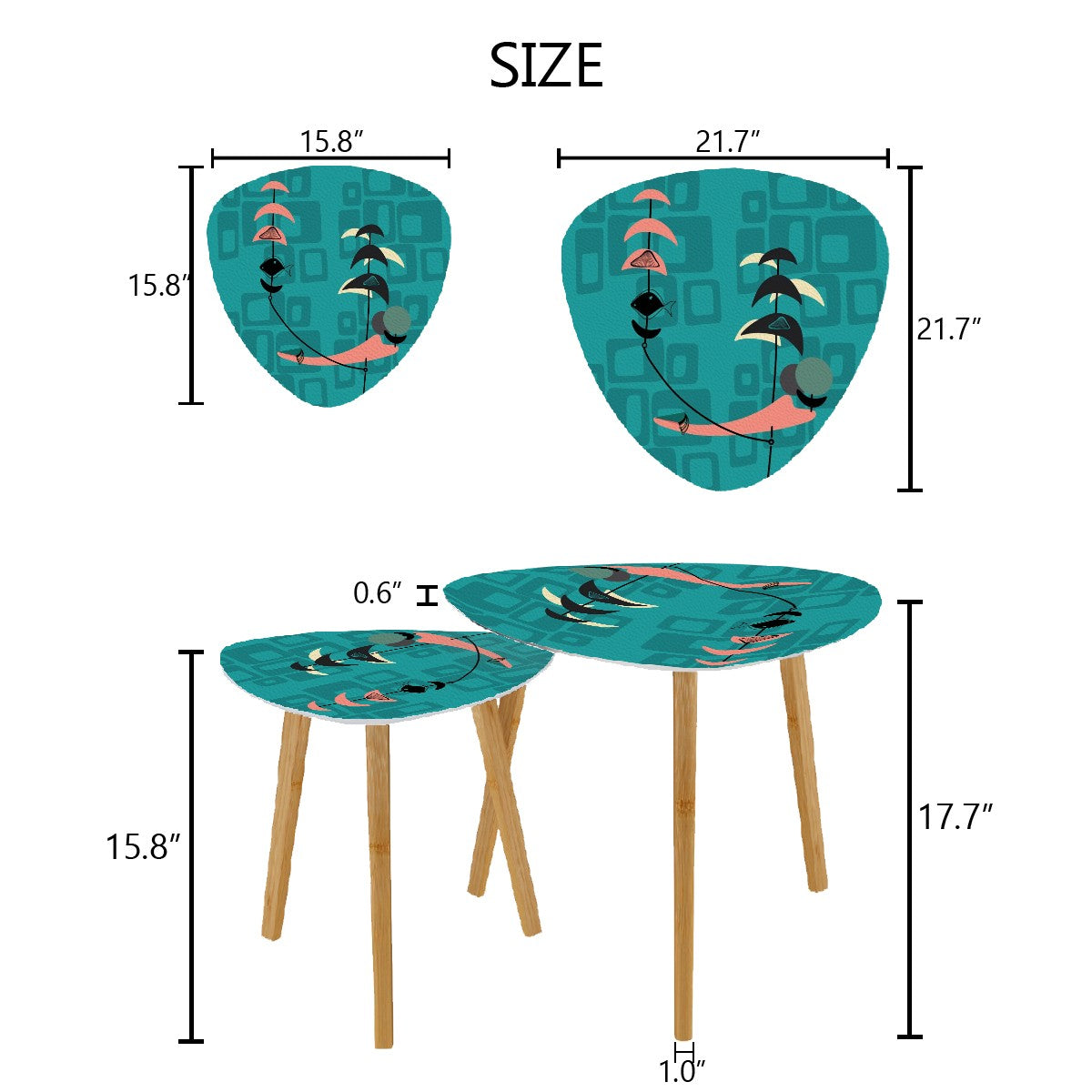 Mid Century Modern Fish Art Nesting Tables, Kitschy Mod Teal Geometric Pattern - Mid Century Modern Gal
