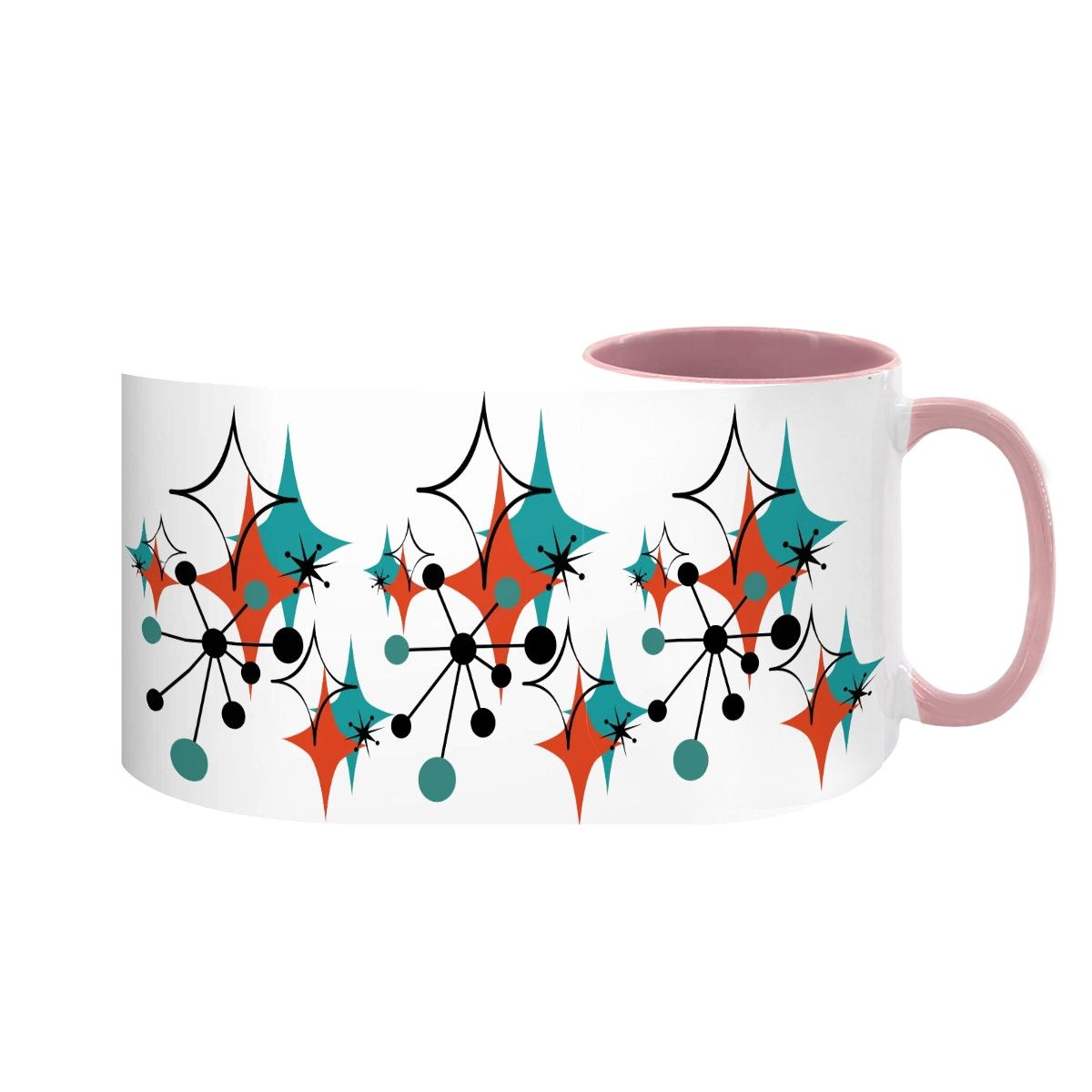 Colorful 15oz mug featuring a Mid Century Modern atomic starburst design in teal, orange, and black with a pink interior.
