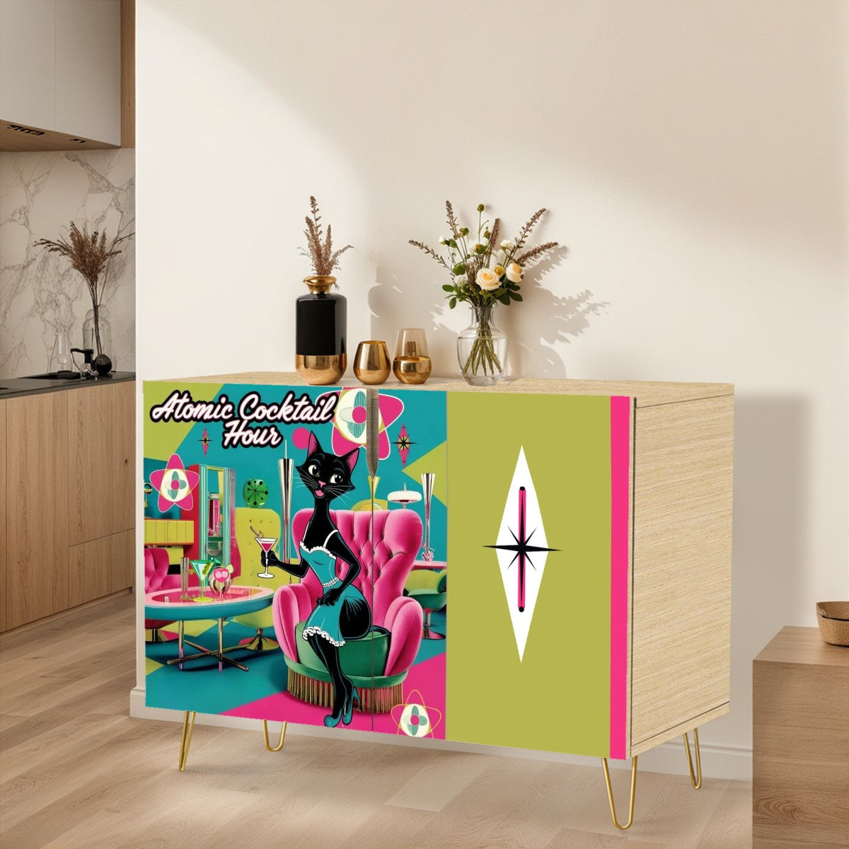 Mid Century Modern Bar Credenza Sideboard, Kitschy Mod Cat, Quirky Fun MCM Wooden Storage Cabinet - Mid Century Modern Gal