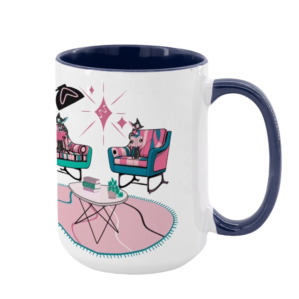 Atomic Reading Cats, Kitschy Mid Century Modern Large Colorful Mug (15oz) - Mid Century Modern Gal