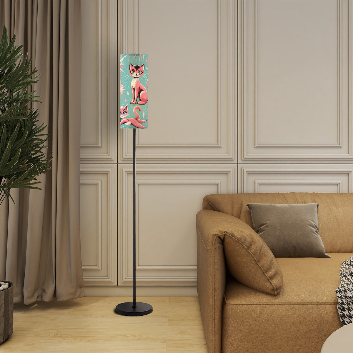Atomic Pink Kitschy Kittie, Mid Century Modern Slim Floor Lamp - Mid Century Modern Gal