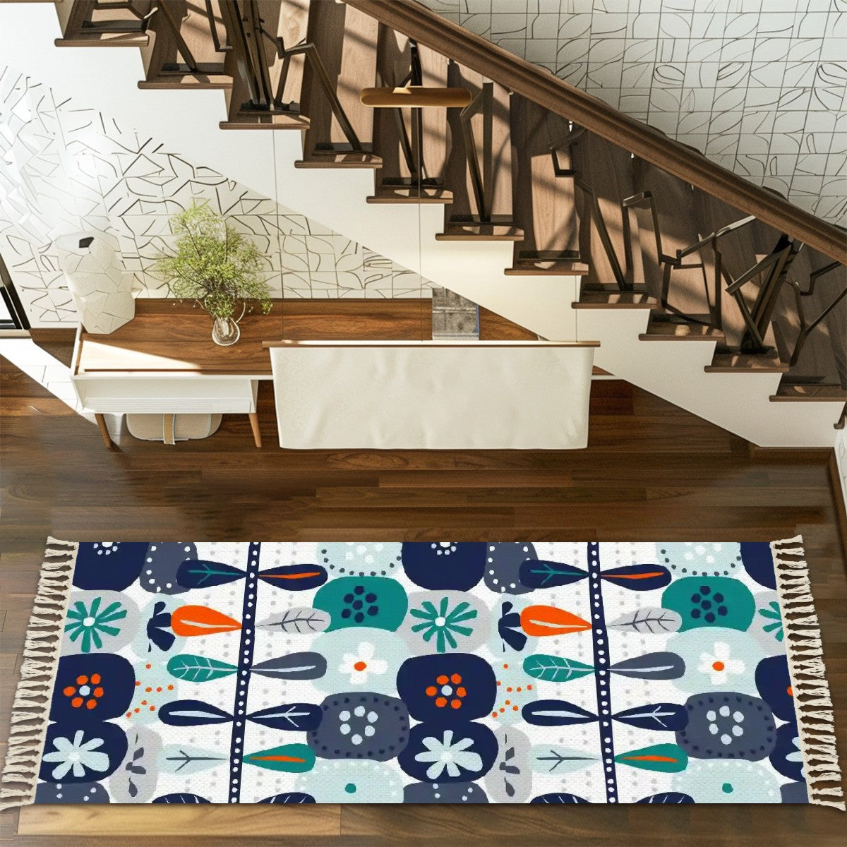 Modern Scandinavian Floral Danish Boho Style, Blue, Orange Teal Floral Runner Rug with Tassels - Mid Century Modern Gal