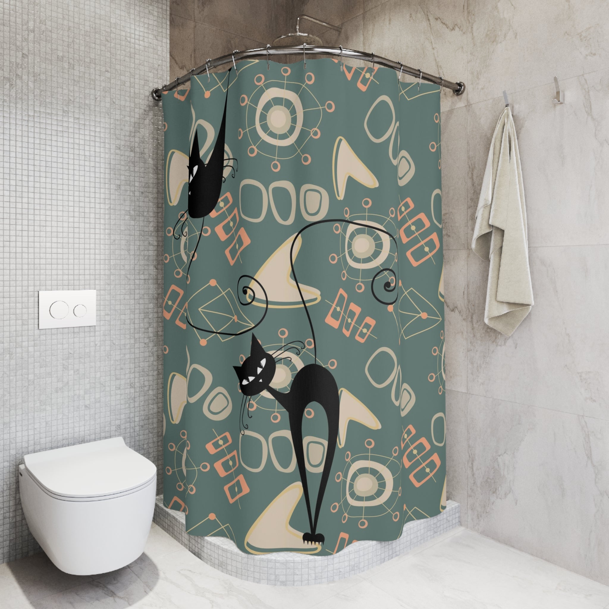 Atomic Cat Shower Curtain, Mid Mod Retro Kitschy, Mid Century Modern Googie Designs Bathroom Shower Curtain - Mid Century Modern Gal