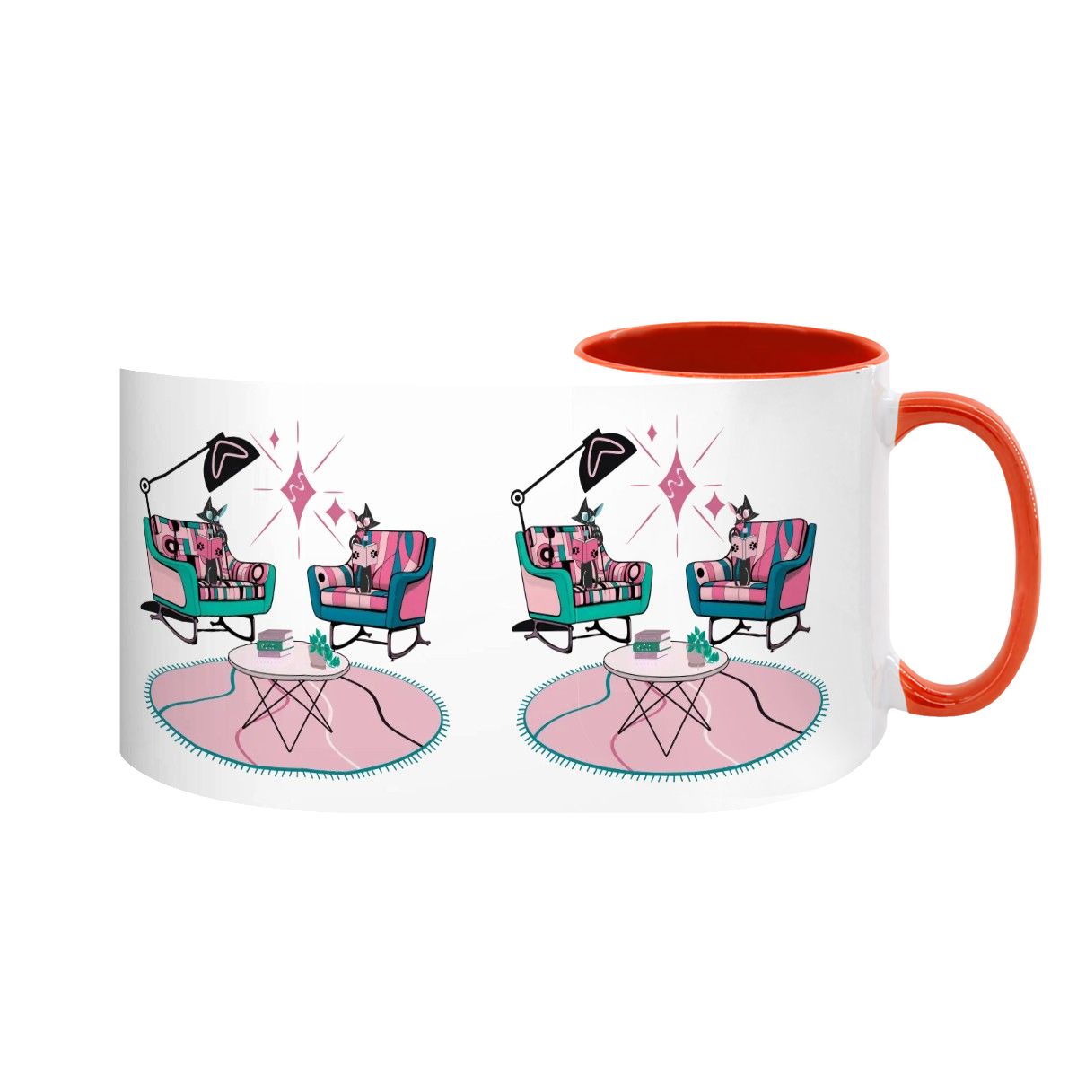 Large colorful mug featuring atomic reading cats and mid-century modern furniture design, perfect for retro decor lovers.