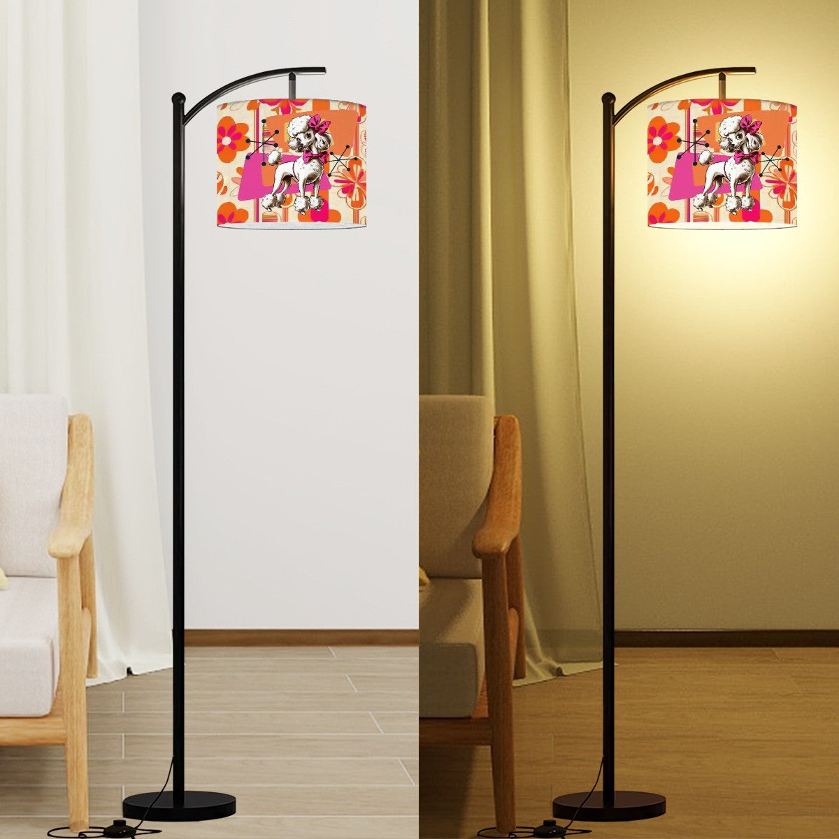 Mid Mod 50s Poodle Lamp, Orange Hot Pink Retro Arc Floor Lamp - Mid Century Modern Gal