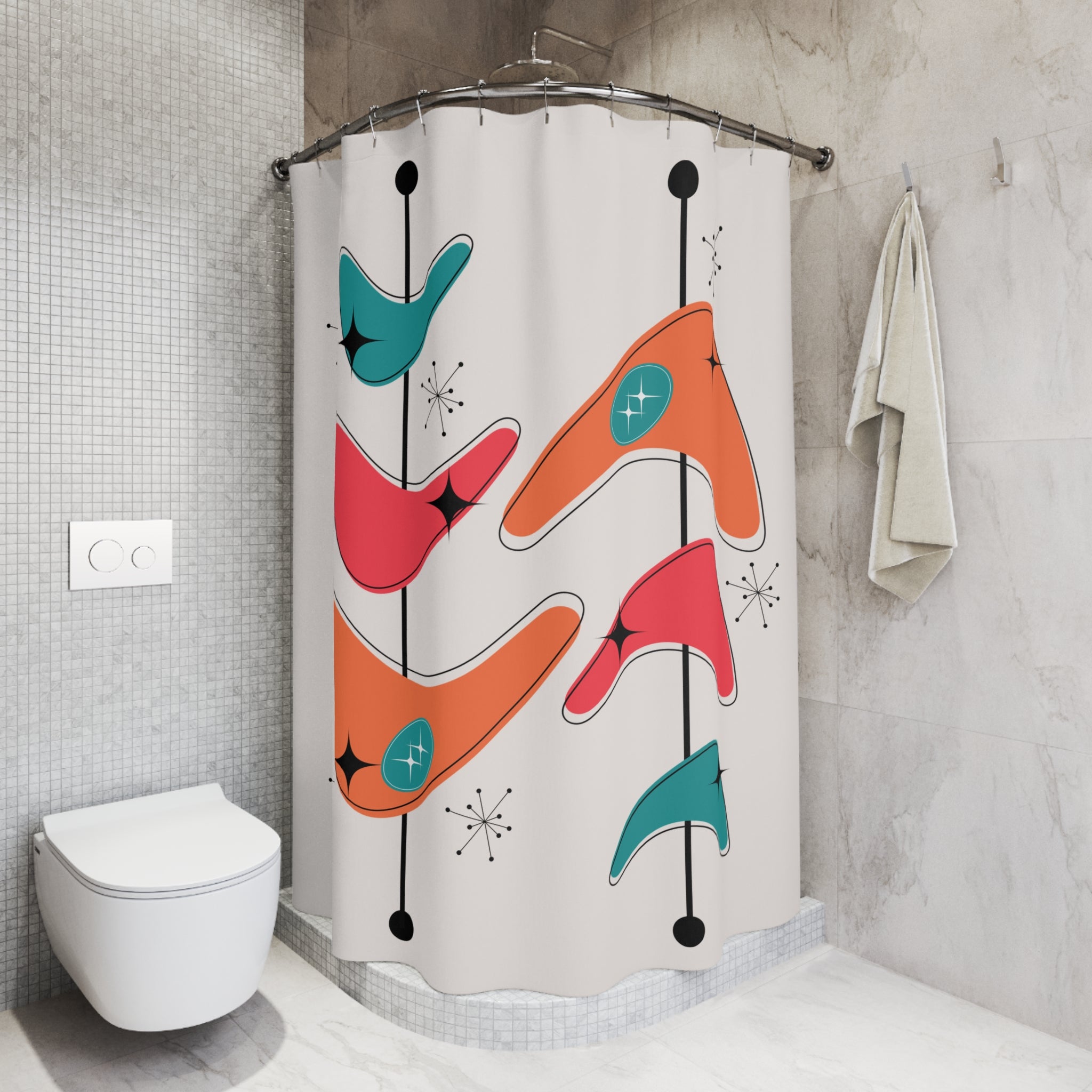 Mid Century Modern Shower Curtain, Atomic Boomerang, Starburst Space Age Decor - Mid Century Modern Gal