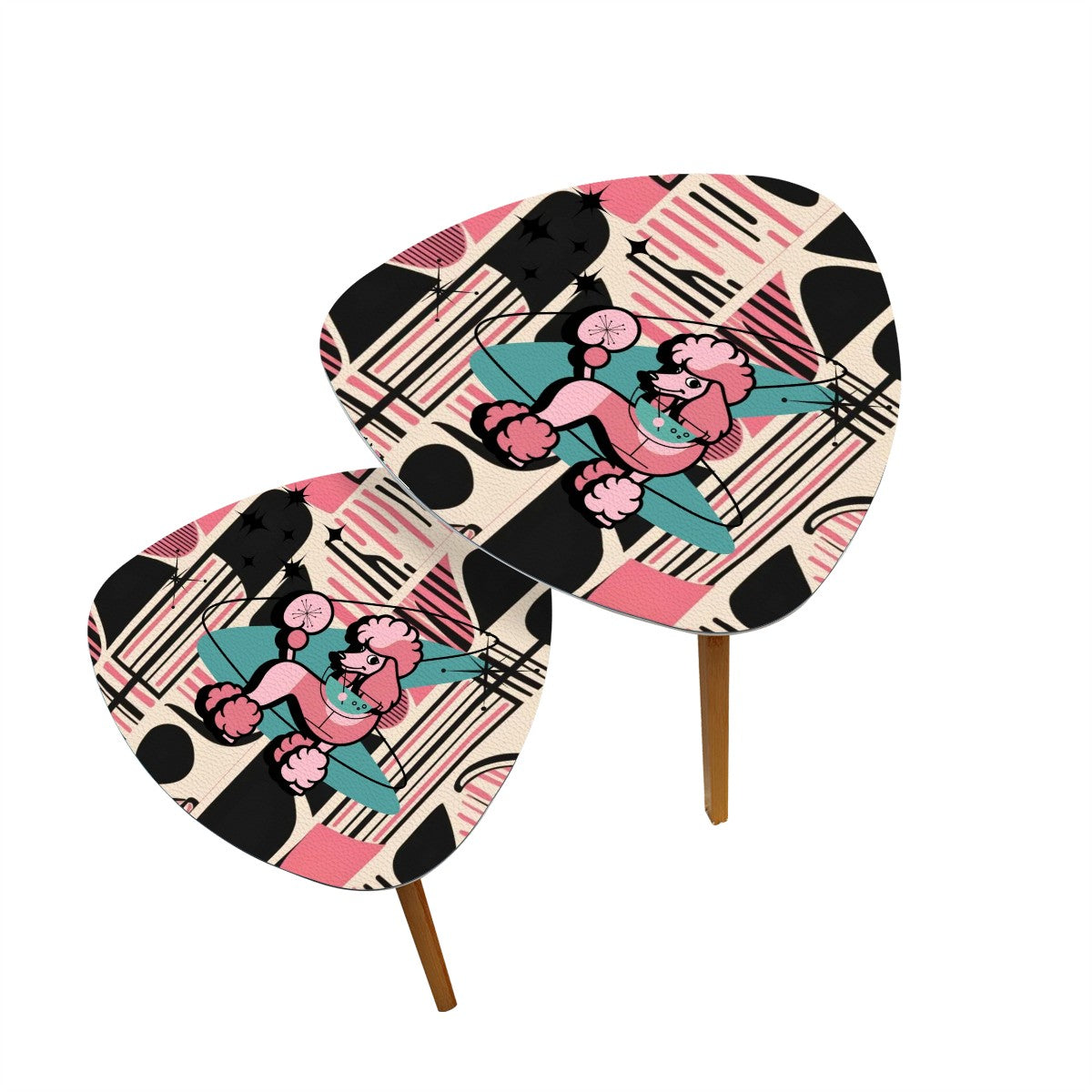 Mid Century Modern Nesting Tables, 50s Poodle, Black Pink Aqua Boomerang Cocktail Side Tables - Mid Century Modern Gal