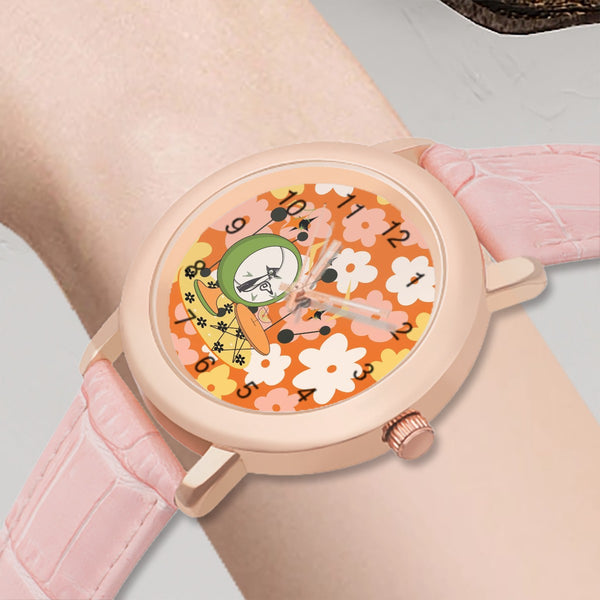 Groovy Retro Floral Orange, Pink Mid Mod Atomic Cat Women's Leather Watch