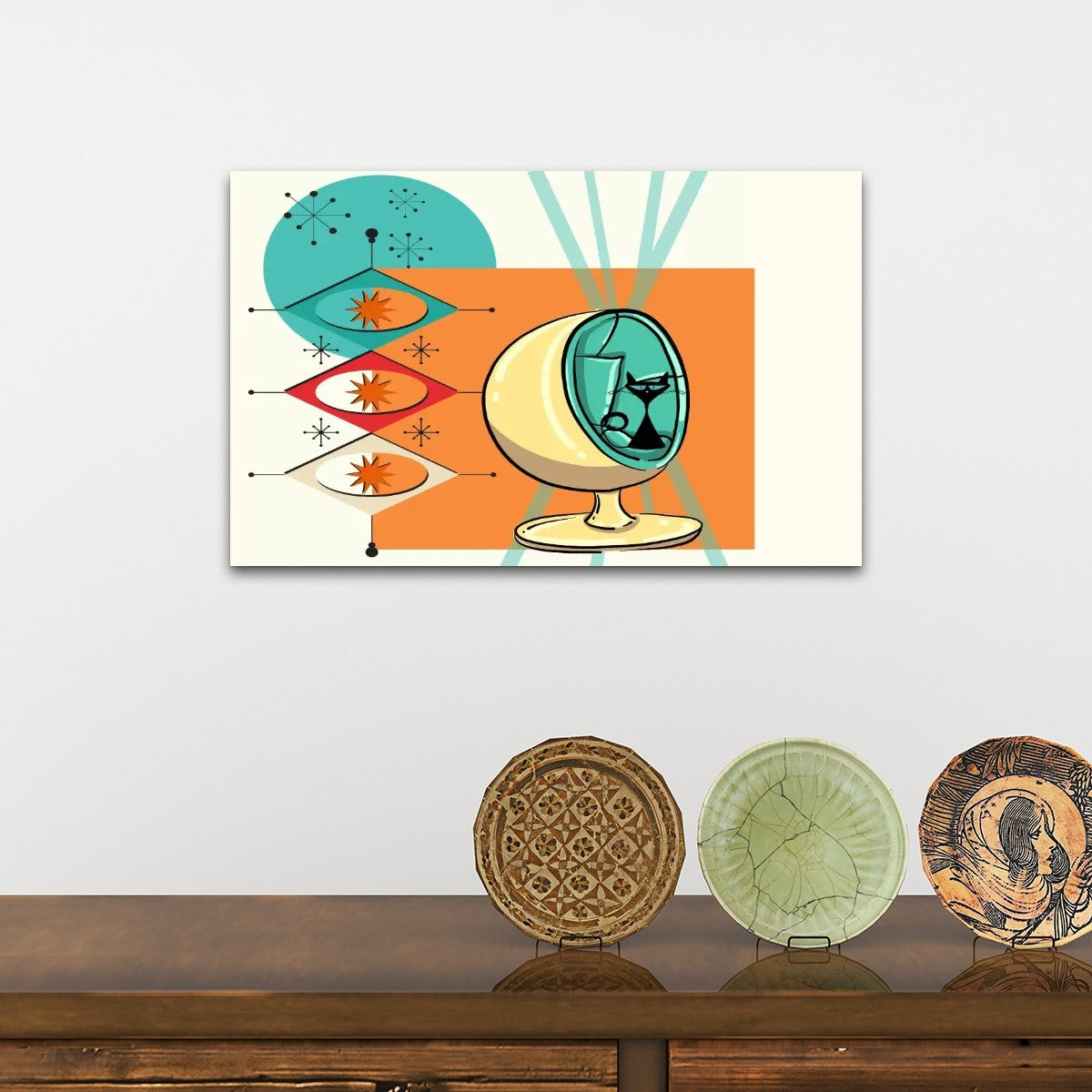 Mid Century Modern Wall Art, Atomic Cat Starbursts Sputnik Designed Mod Canvas Art - Mid Century Modern Gal