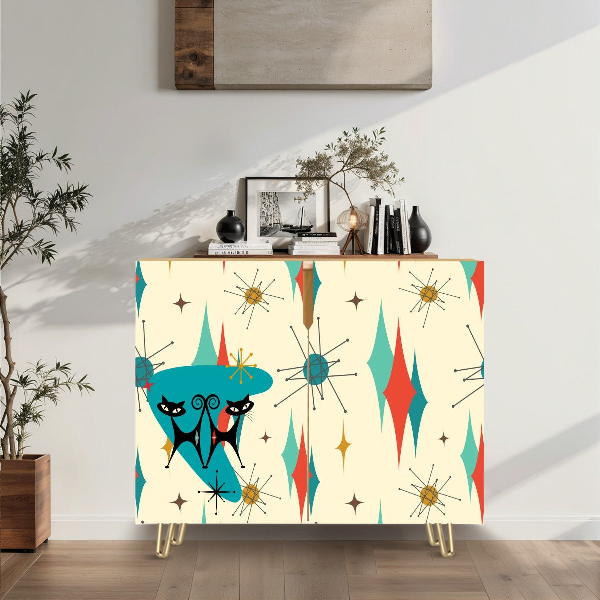 Franciscan Starburst Mid Century Modern Side Board, Mod Barware Wooden Storage Cabinet - Mid Century Modern Gal