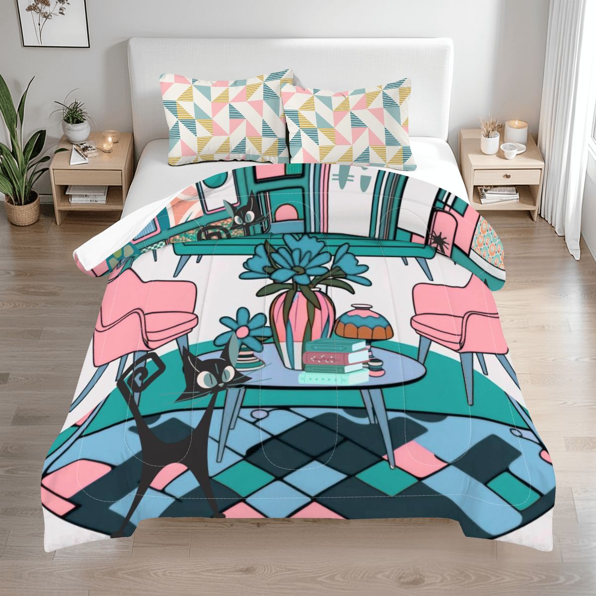Mid Century Modern Atomic Kitschy Cats, Retro Fun And Quirky Queen Comforter Set - Mid Century Modern Gal