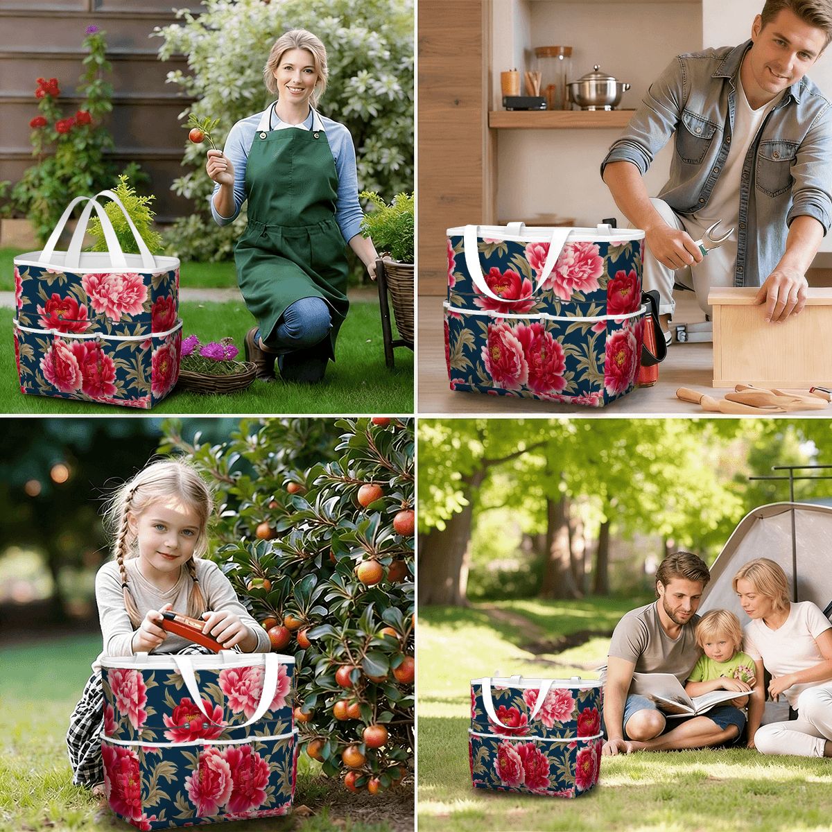 Modern Chinoiserie Royal Blue, Pink Red Floral Garden Tool Bag - Mid Century Modern Gal