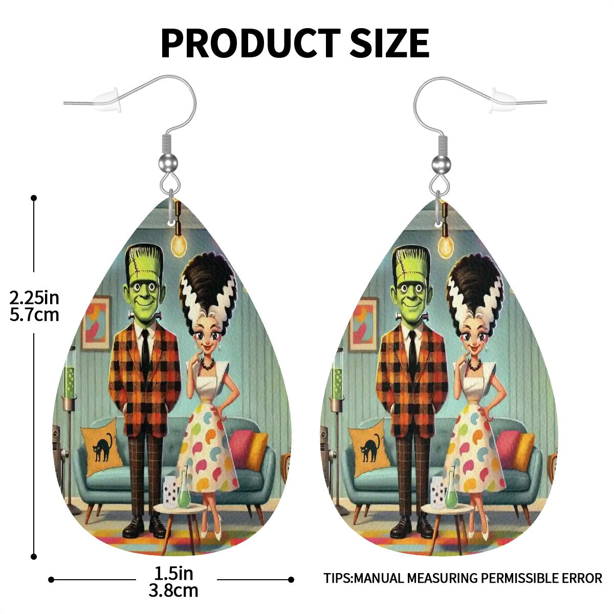 Frankenstein And Bride Kitschy Mod Retro Faux Leather Teardrop Earrings - Mid Century Modern Gal