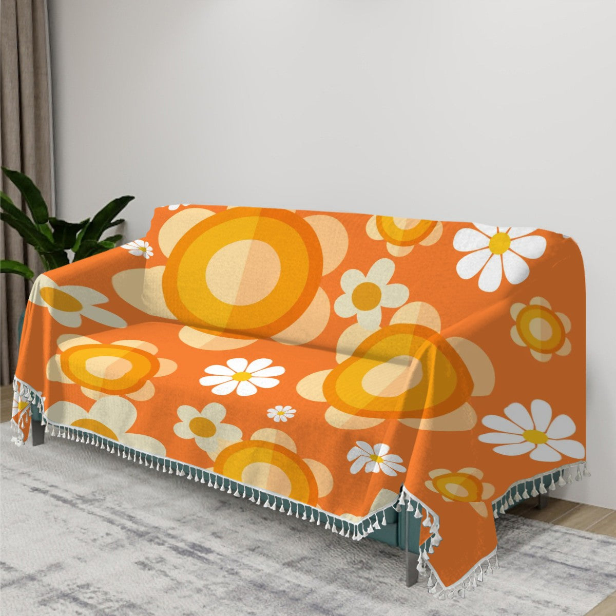 Retro Sofa Cover, Orange Flower Power 70s Home Decor Couch Covers Blanket - Mid Century Modern Gal