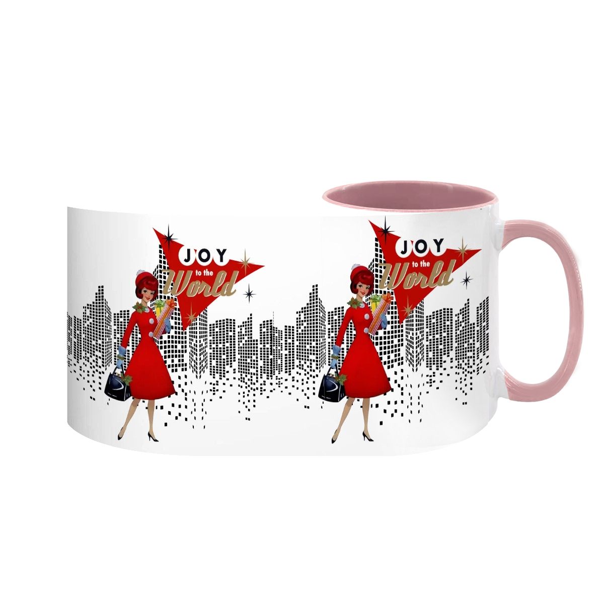 Mid Century Modern holiday mug featuring a cityscape design and a retro woman in red with "Joy to the World" text.