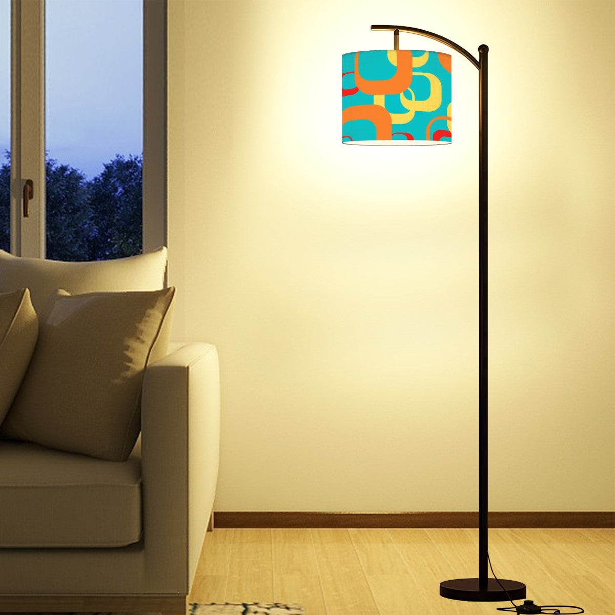 Mid Century Modern Aqua Blue, Orange Yellow, Geometric Designed Arc Floor Lamp - Mid Century Modern Gal