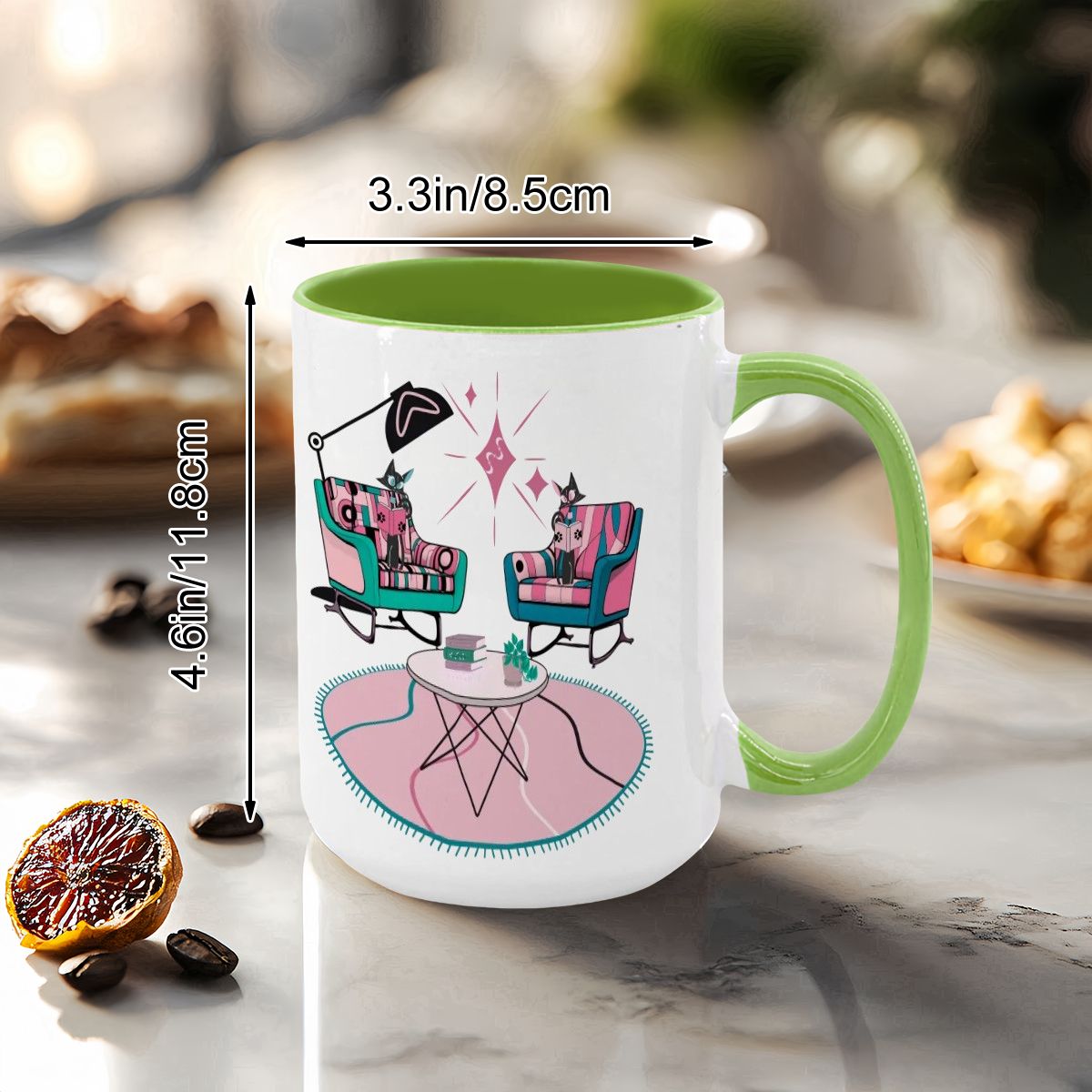 Colorful 15oz mug featuring atomic reading cats, mid-century modern chairs, and a vibrant design, perfect for retro decor lovers.
