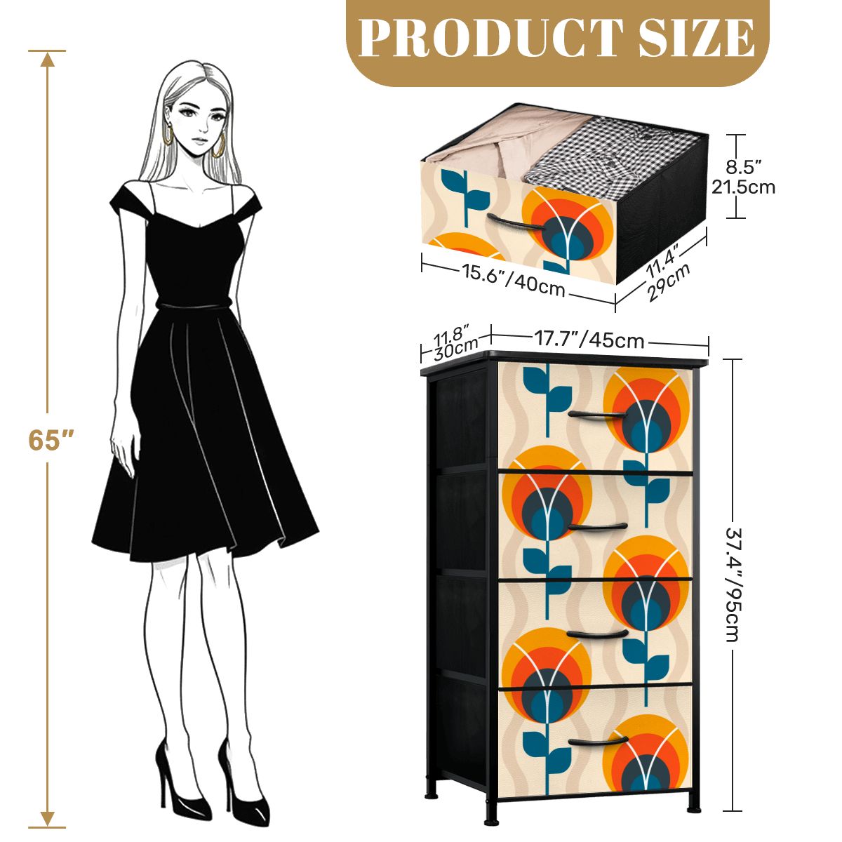 Scandinavian Designed Mid Century Modern Orange Blue Floral Design 4-Drawer Dresser - Mid Century Modern Gal