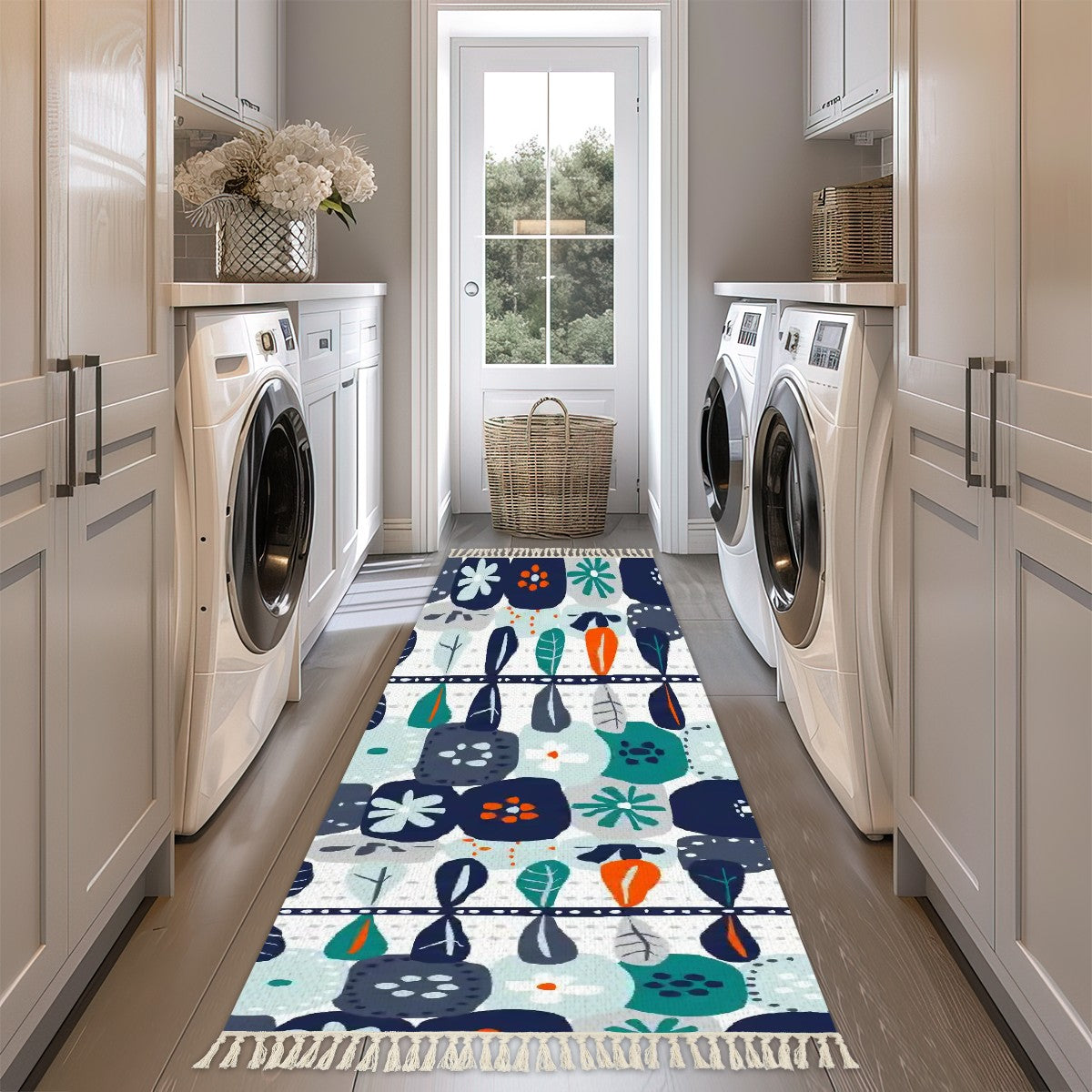 Modern Scandinavian Floral Danish Boho Style, Blue, Orange Teal Floral Runner Rug with Tassels - Mid Century Modern Gal