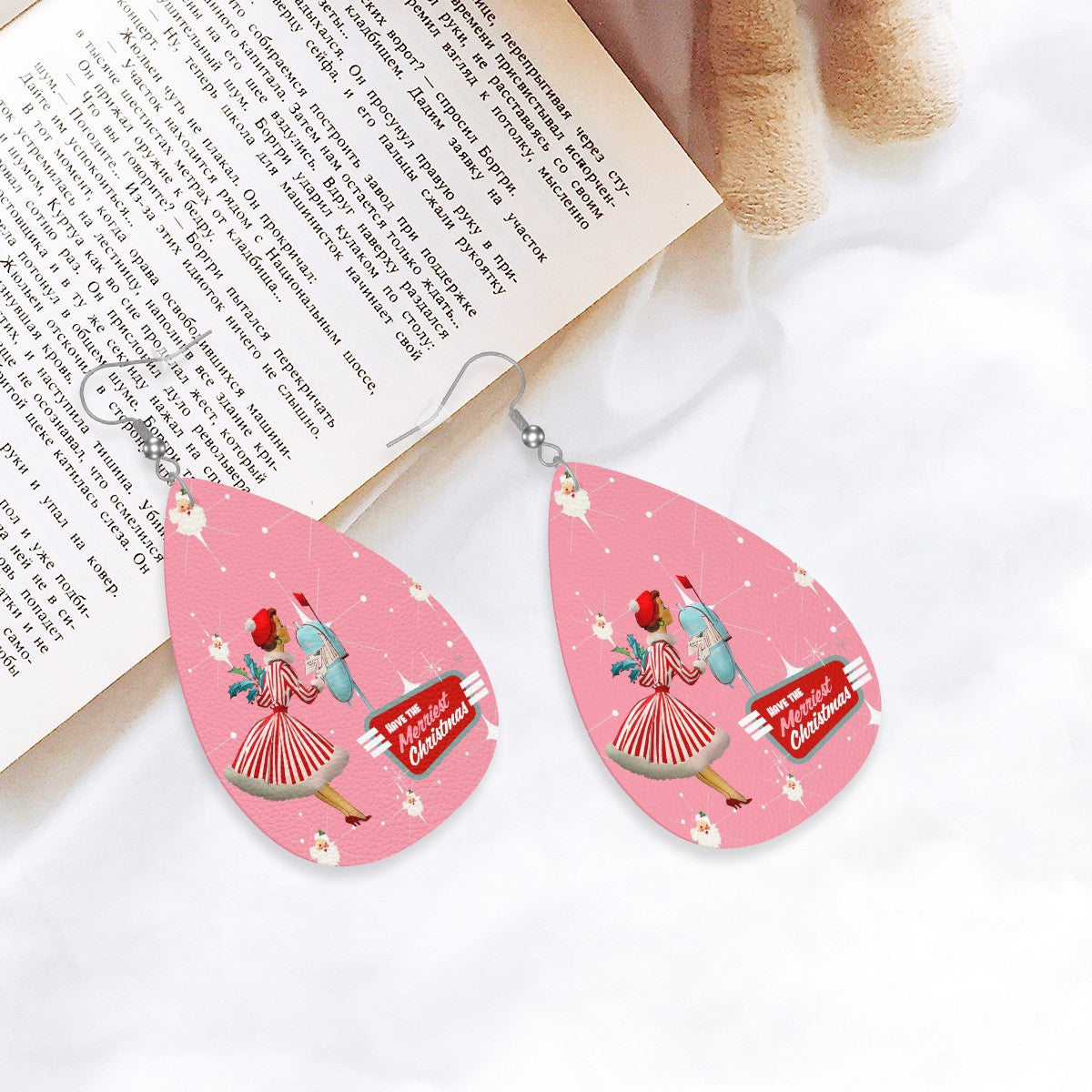 Mid Century Modern Christmas Old Timey Santa Pink Mod 50s Gal Faux Leather Teardrop Earrings - Mid Century Modern Gal