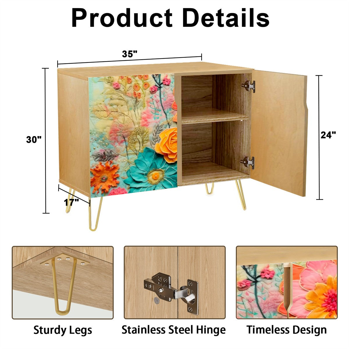 Bohemian Retro Flower, Faux Pressed Floral Mod Wooden Storage Cabinet - Mid Century Modern Gal