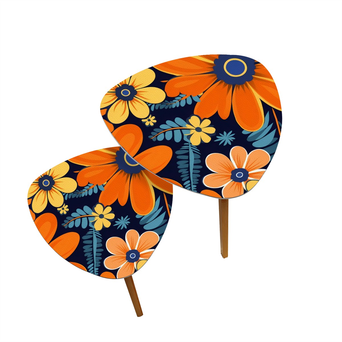 Bohemian Floral Navy Blue, Orange, Retro Nesting Tables - Mid Century Modern Gal