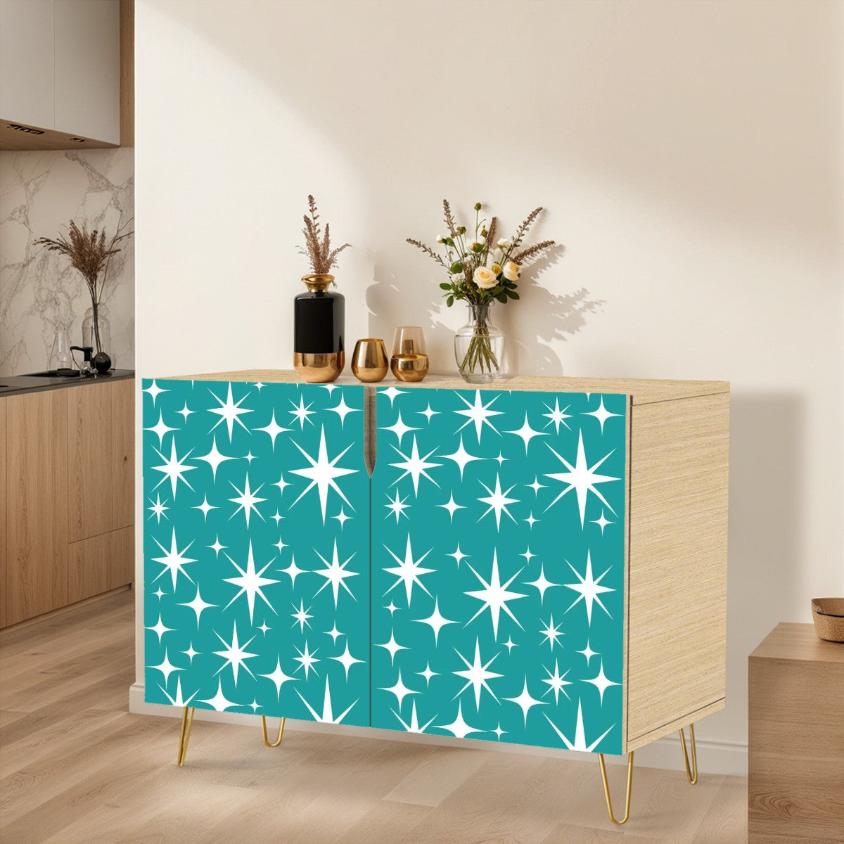 Mid Century Modern Bar, Kitchen Dining Atomic Starburst Aqua Wooden Storage Cabinet - Mid Century Modern Gal
