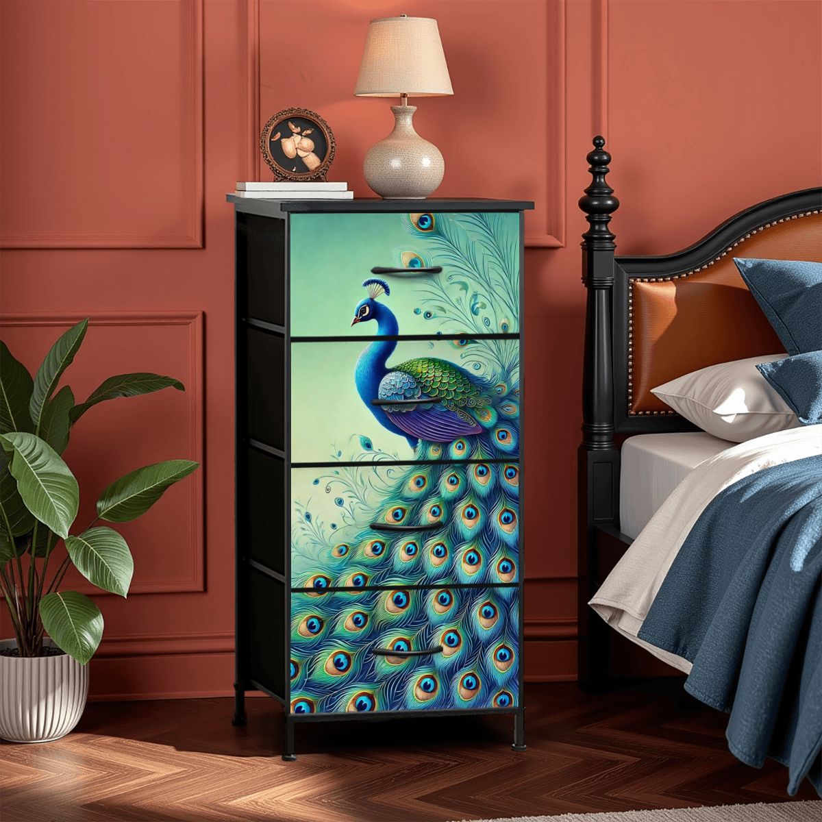 Peacock Watercolor Chinoiserie Designed Blue Green Modern 4-Drawer Dresser - Mid Century Modern Gal