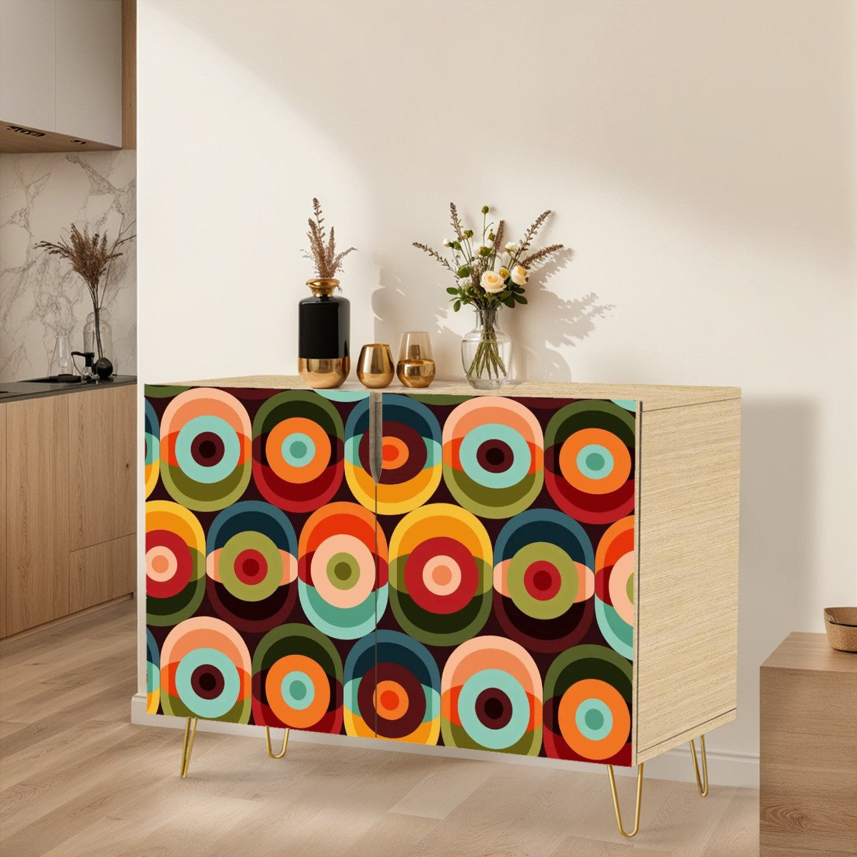 Mid Century Modern Groovy Mod Space Orbs Wooden Storage Cabinet - Mid Century Modern Gal