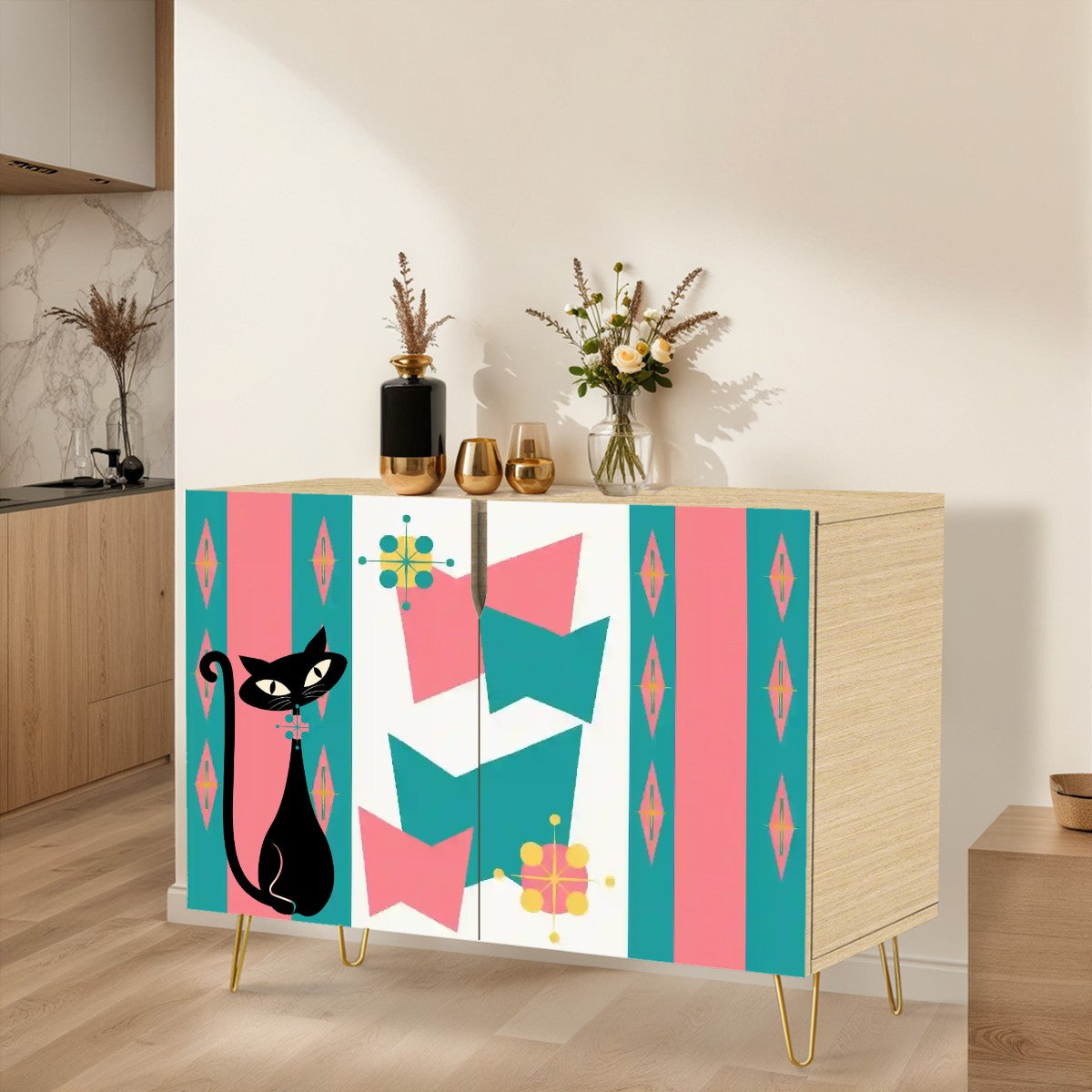 Mid Century Modern Atomic Cat, Pink Teal Mid Mod Kitschy Wooden Storage Cabinet - Mid Century Modern Gal