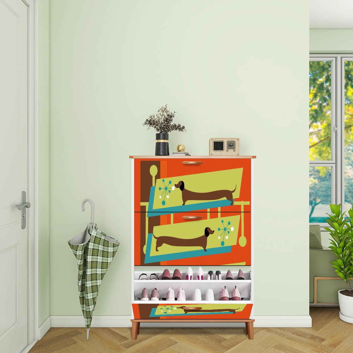 Mid Century Modern Doxie Weiner Dog Lover Retro Orange Shoe Storage Cabinet - Mid Century Modern Gal