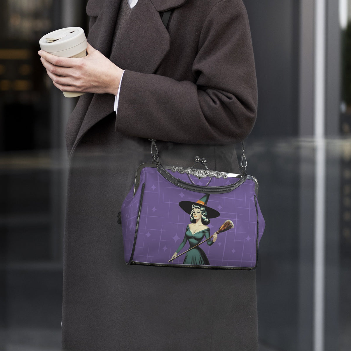 Mid Century Modern Vintage Pin Up Witch Purple Teal Halloween Kisslock Crossbody Purse - Mid Century Modern Gal