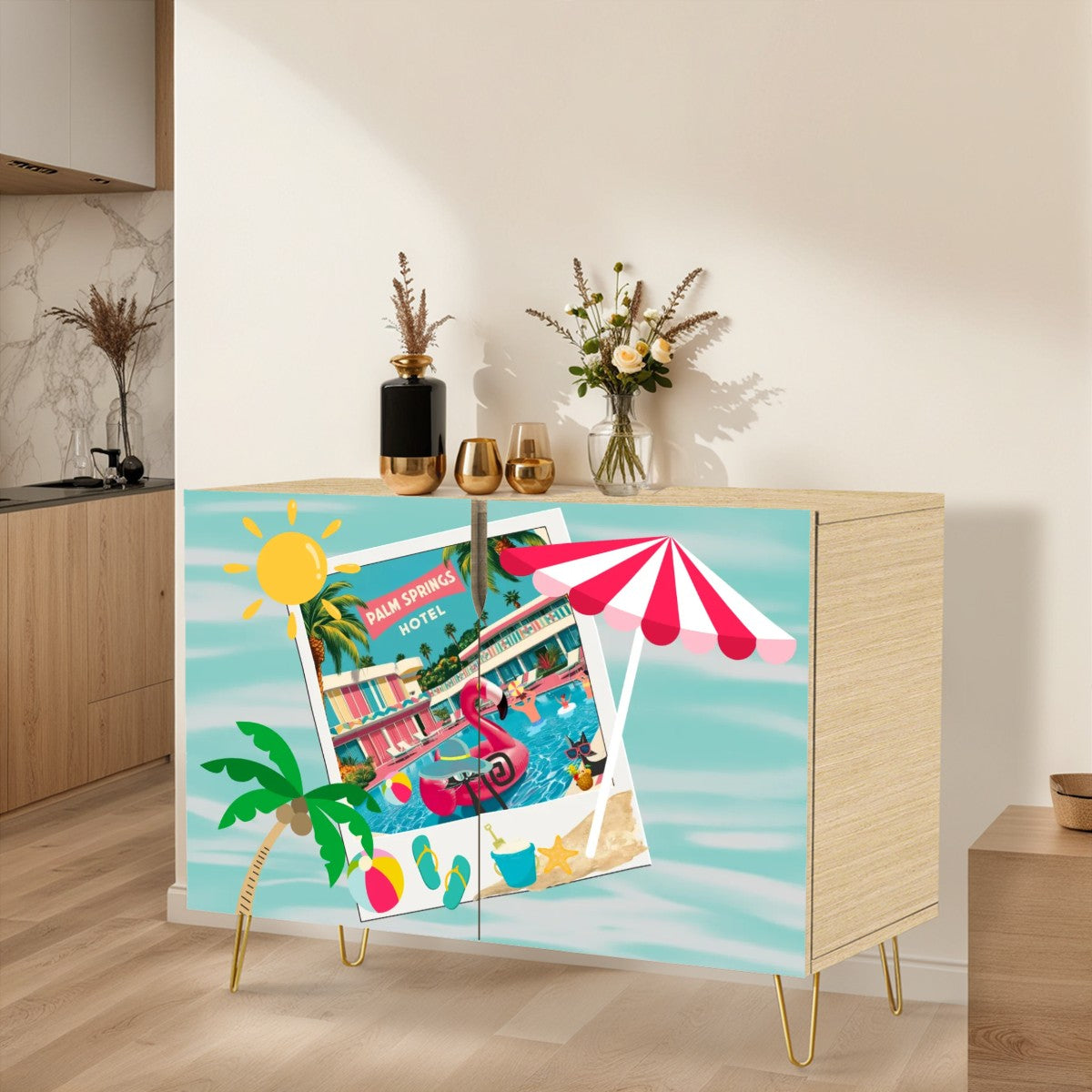 Hotel California 50s Palm Springs California Kitschy Flamingo, Atomic Cats Mid Century Modern Wooden Storage Cabinet - Mid Century Modern Gal
