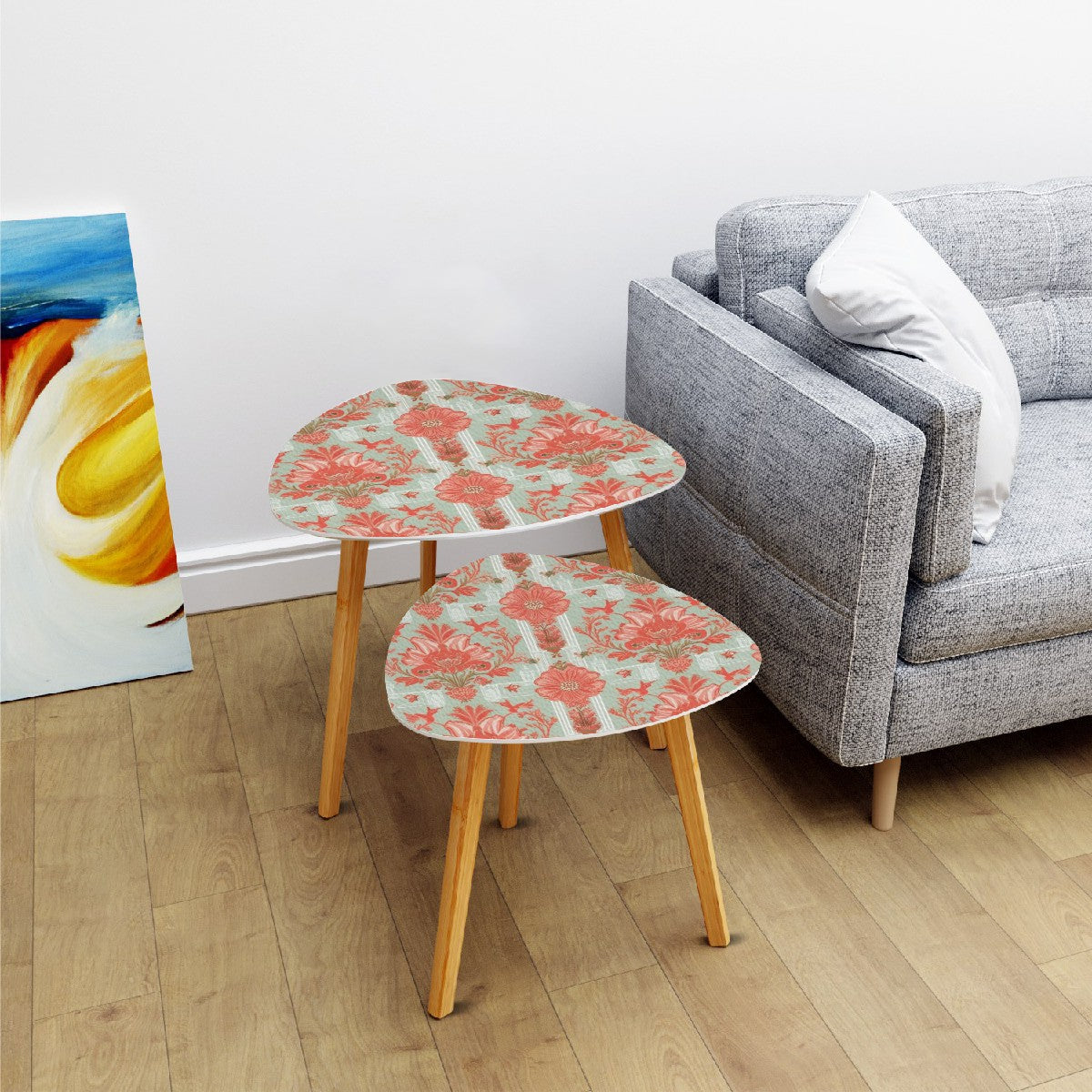 Botanical Floral Chinoiserie Coral, Mint Green Elegant Side Tables, Nesting Tables - Mid Century Modern Gal