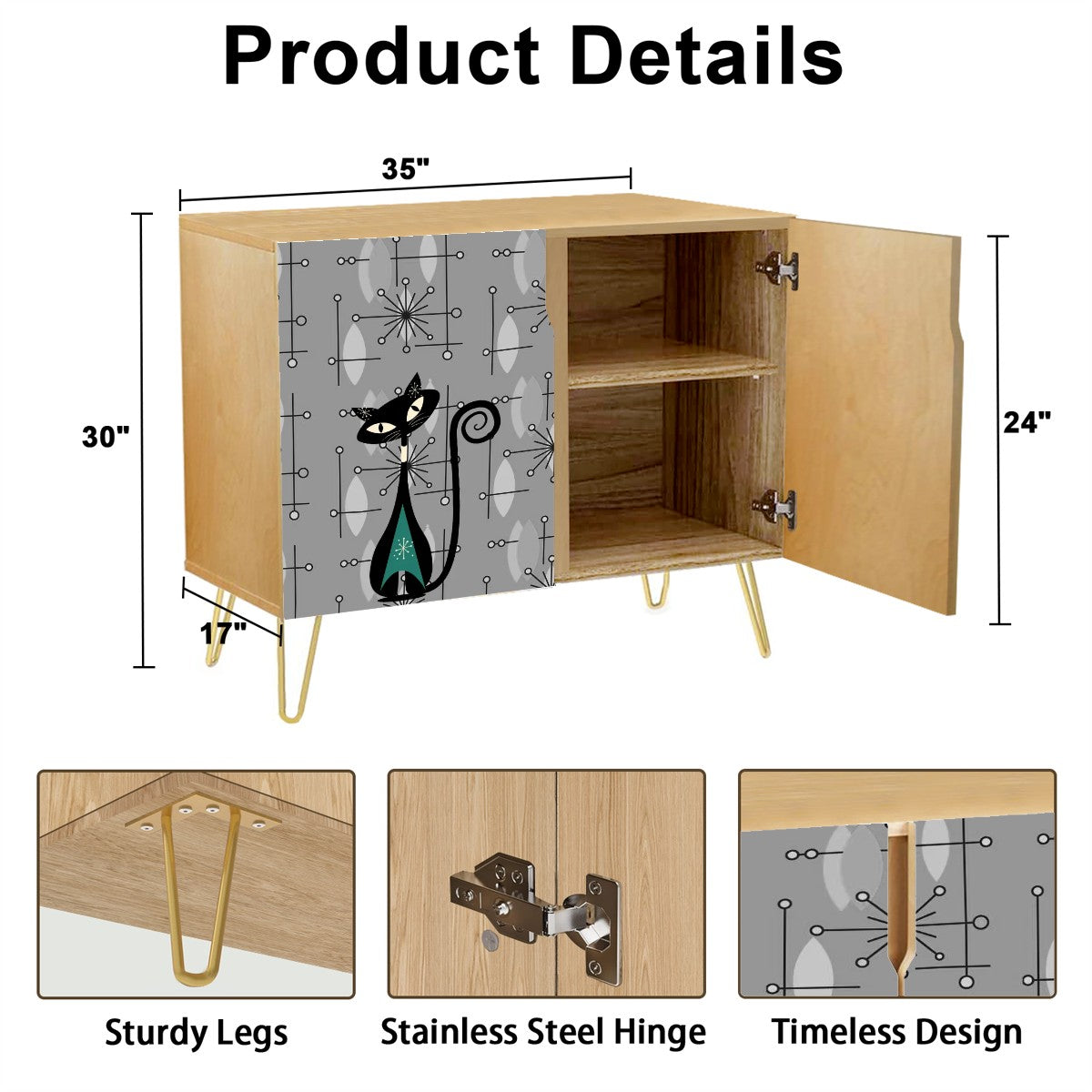 Mid Century Modern Moody Gray Atomic Cat Starbursts Wooden Storage Cabinet - Mid Century Modern Gal