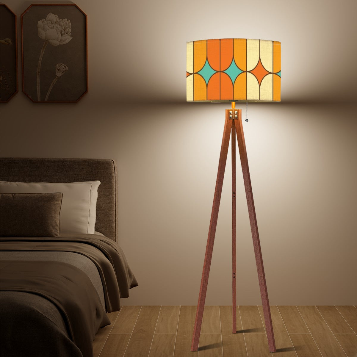 Mid Century Modern Tripod Floor Lamp, Orange, Teal Geometric Mod Designed - Mid Century Modern Gal