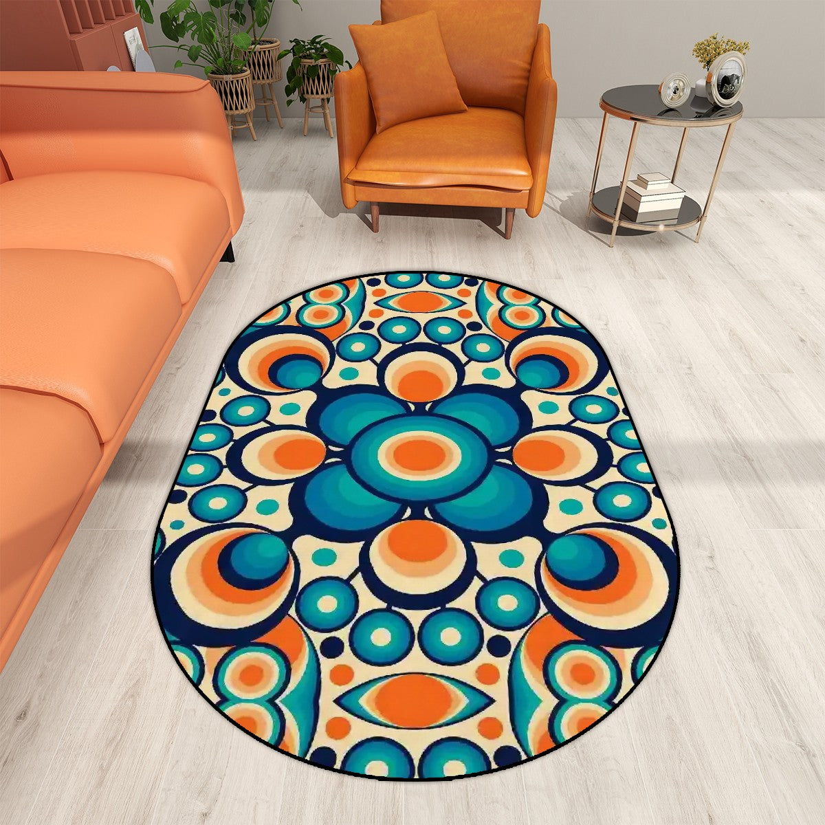 Retro Groovy Space Orbs, Orange Blue MCM Oval Rug Mat - Mid Century Modern Gal