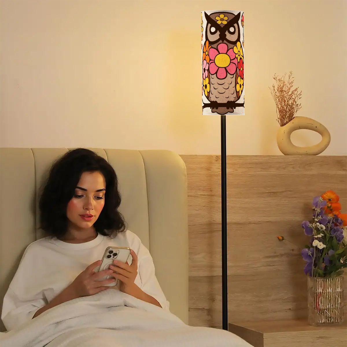 Mushroom Owl, Retro Mid Mod Flower Power 70s Home Decor Slim Floor Lamp - Mid Century Modern Gal