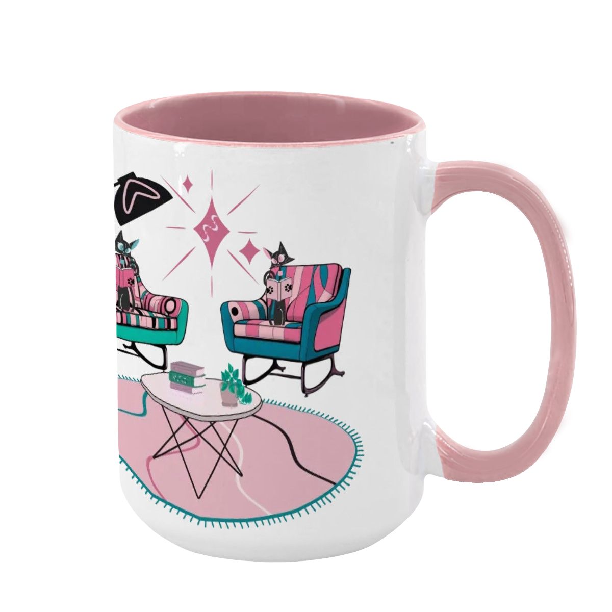 Atomic Reading Cats, Kitschy Mid Century Modern Large Colorful Mug (15oz) - Mid Century Modern Gal