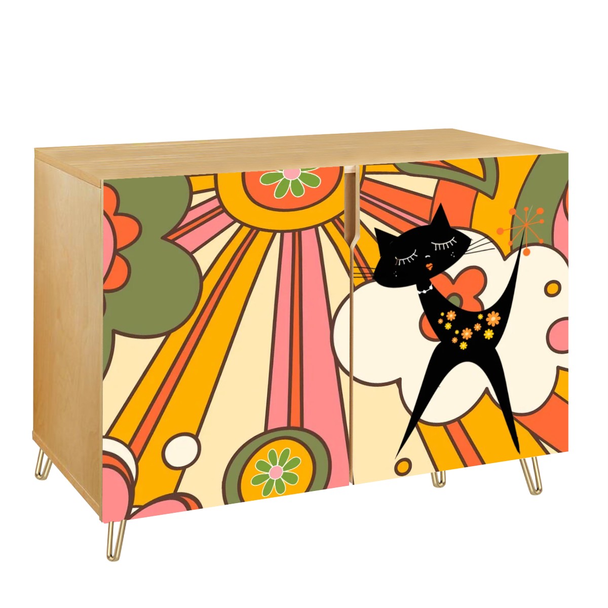 Retro 70s Groovy TV Cabinet, Sideboard Credenza With Groovy Cat Wooden Storage Cabinet - Mid Century Modern Gal