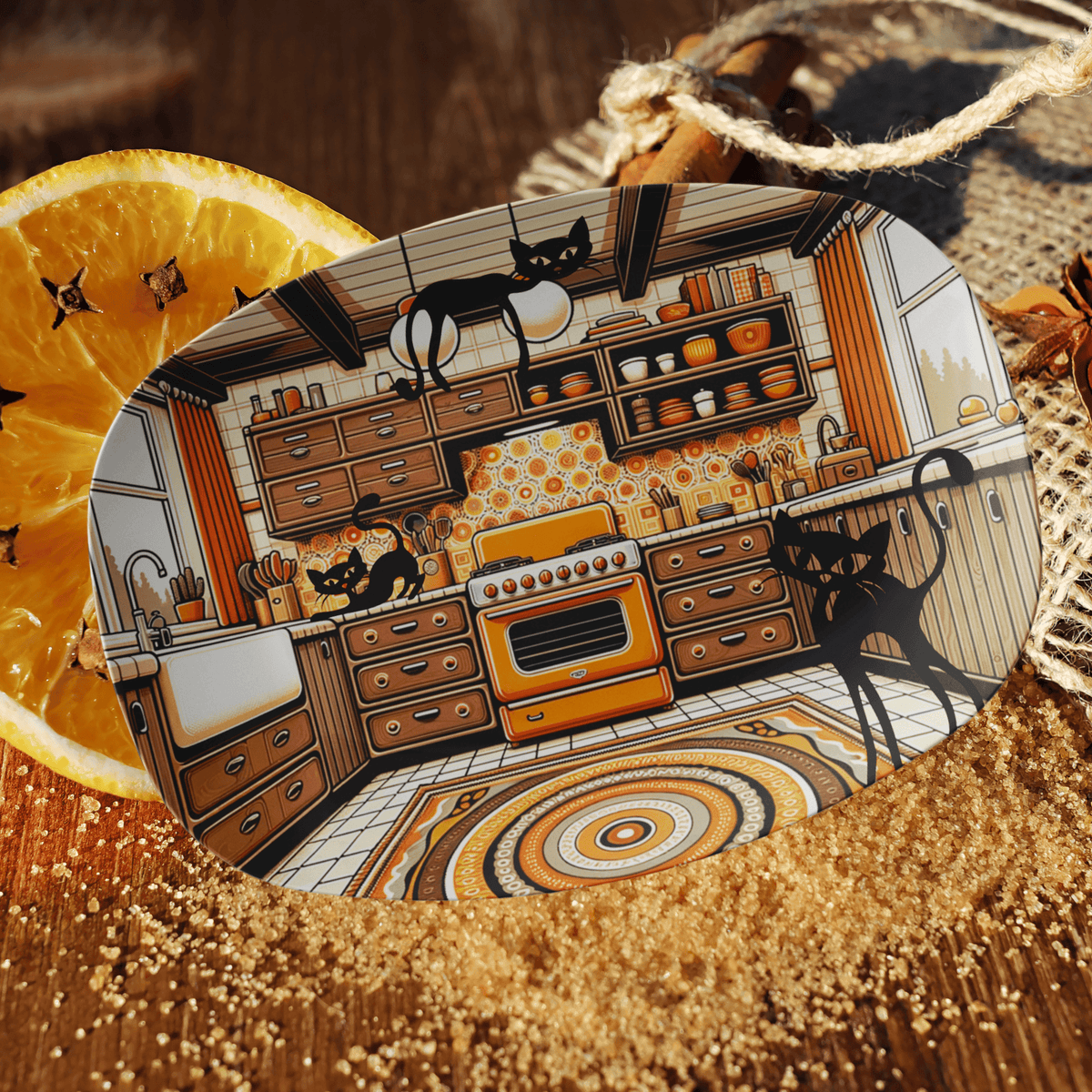1970's Kitchen Decor, Orange, Brown, Mid Century Modern Party Platter, With Crazy Kitschy Cats Kitchenware default
